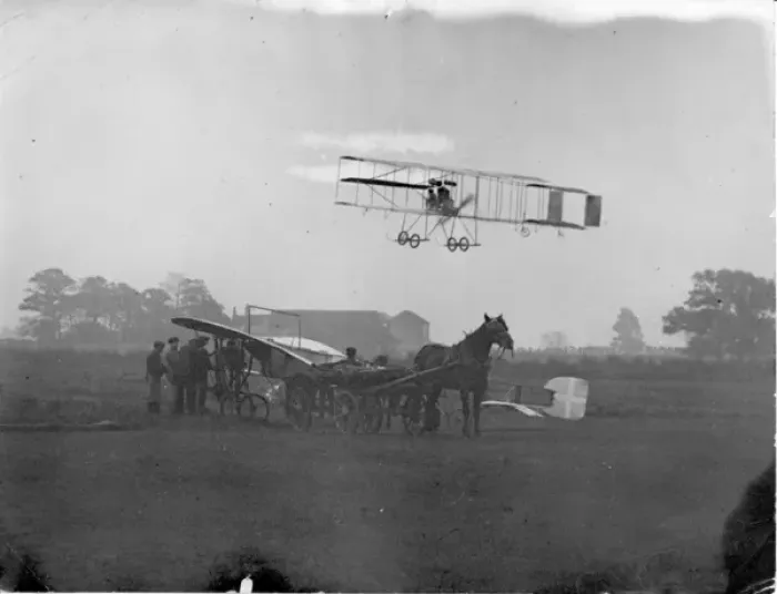 Framed Print : Roger Sommers Farman flying over Molons Bleriot monoplane Framed Print : Roger Sommers Farman flying over Molons Bleriot monoplane