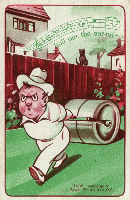 Framed Print : Roll out the barrel, cartoon gardener rolling lawn Framed Print : Roll out the barrel, cartoon gardener rolling lawn