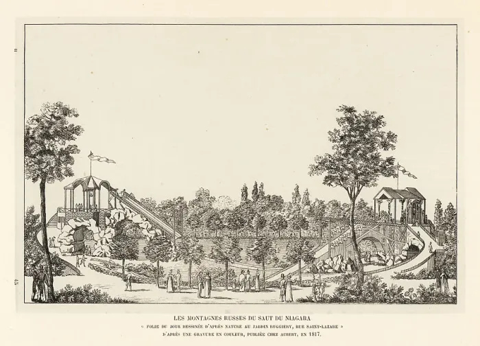 Framed Print : The roller coaster in the Ruggieri Gardens, Paris, 1817 Framed Print : The roller coaster in the Ruggieri Gardens, Paris, 1817