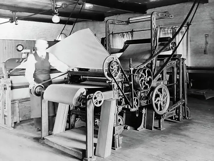 Framed Print : Rolling and cutting cloth in a woollen mill in Bradford Framed Print : Rolling and cutting cloth in a woollen mill in Bradford