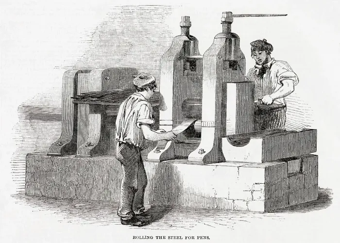 Framed Print : Rolling the steel for pens, at Messrs Hinks, Wells and Co. in Birmingham. Date: 1851 Framed Print : Rolling the steel for pens, at Messrs Hinks, Wells and Co. in Birmingham. Date: 1851
