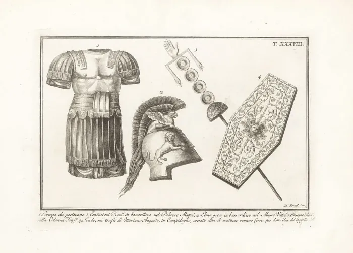 Framed Print : Roman armour, signum and scutum, Greek helmet Framed Print : Roman armour, signum and scutum, Greek helmet