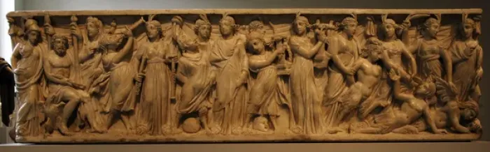 Framed Print : Roman Art. Marble sarcophagus with the contest between the M Framed Print : Roman Art. Marble sarcophagus with the contest between the M
