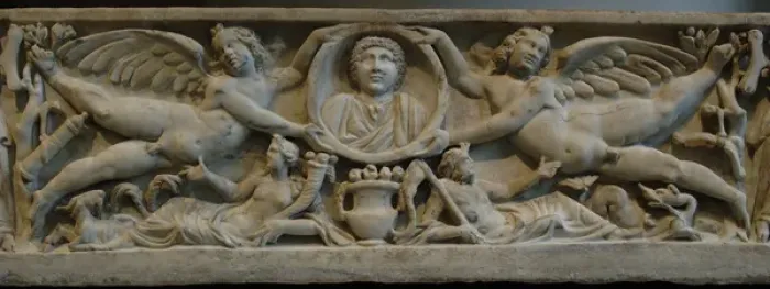 Framed Print : Roman Art. Marble sarcophagus with flying erotes holding a c Framed Print : Roman Art. Marble sarcophagus with flying erotes holding a c