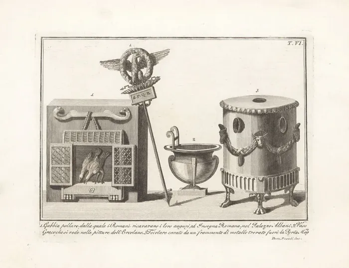Framed Print : Roman augur's birdcage, standard, Greek vase and hearth Framed Print : Roman augur's birdcage, standard, Greek vase and hearth