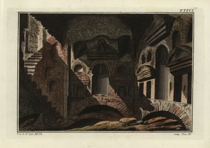 Framed Print : Roman catacombs with staircase leading down to tombs Framed Print : Roman catacombs with staircase leading down to tombs