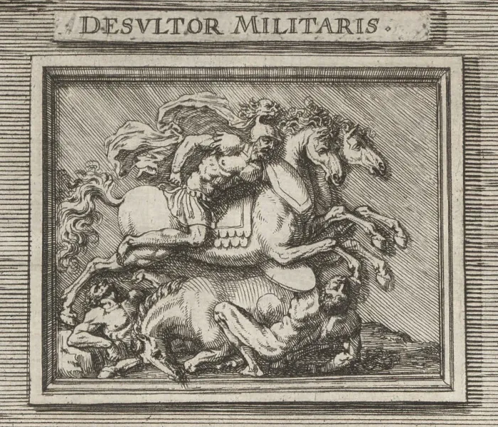 Framed Print : A Roman cavalryman or desultor leaping across two horses Framed Print : A Roman cavalryman or desultor leaping across two horses