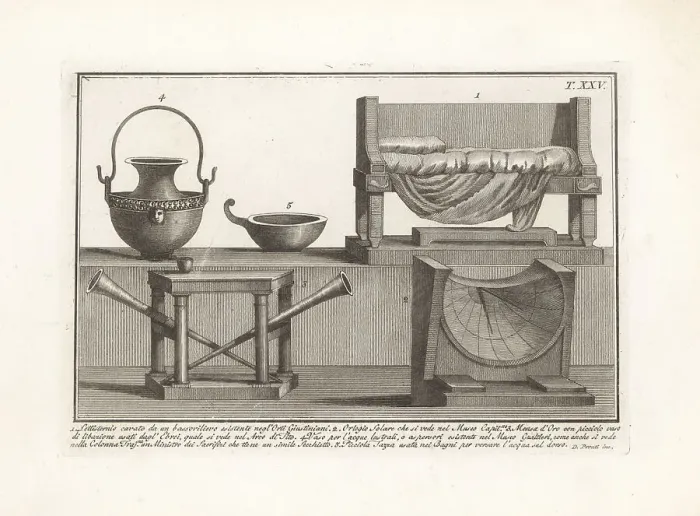 Framed Print : Roman couch, sun dial, table, jar, and bathing cup Framed Print : Roman couch, sun dial, table, jar, and bathing cup