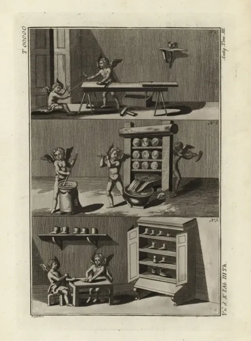 Framed Print : Roman cupids working as carpenters, pressers and cobblers Framed Print : Roman cupids working as carpenters, pressers and cobblers