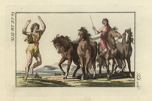 Roman dancer and circus rider with team of four horses