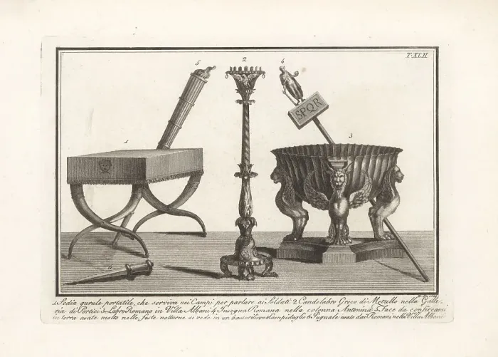 Framed Print : Roman field stool, bath tub, signum, torch, etc Framed Print : Roman field stool, bath tub, signum, torch, etc