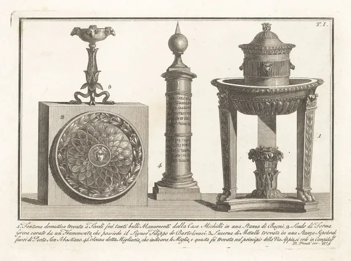 Framed Print : Roman fountain, shield, torch, and milestone Framed Print : Roman fountain, shield, torch, and milestone