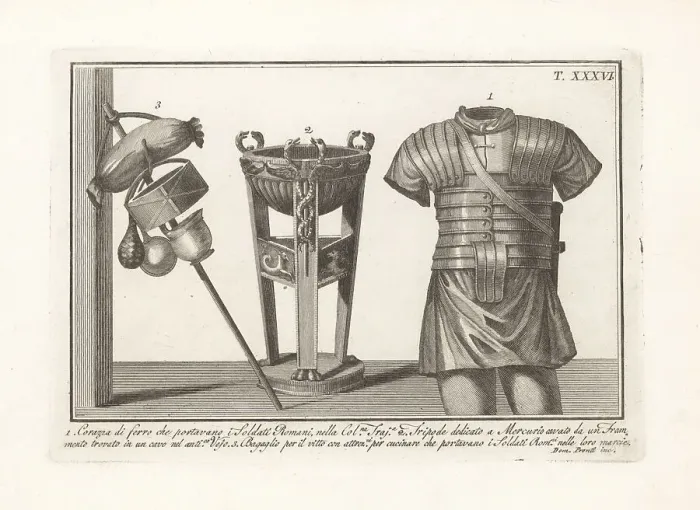 Framed Print : Roman iron breastplate, tripod and soldier's pack Framed Print : Roman iron breastplate, tripod and soldier's pack