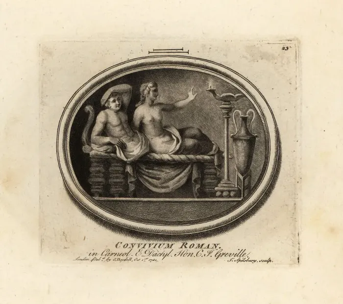 Framed Print : Roman man and woman lounging on a couch in a triclinium Framed Print : Roman man and woman lounging on a couch in a triclinium