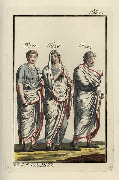 Three Roman men wearing the toga in different ways