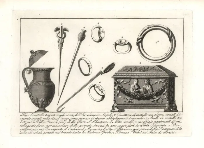 Framed Print : Roman metal vase, case, rings and pins Framed Print : Roman metal vase, case, rings and pins