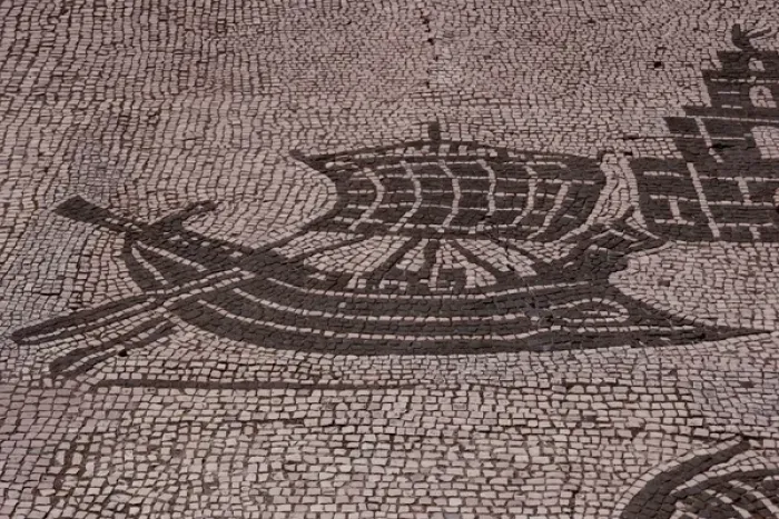 Framed Print : Roman mosaic. Boat. Ostia Antica. Italy Framed Print : Roman mosaic. Boat. Ostia Antica. Italy