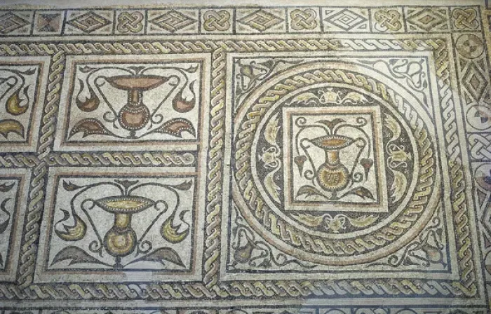 Framed Print : Roman mosaic. Decoration with vessels. 1st century AD. From Framed Print : Roman mosaic. Decoration with vessels. 1st century AD. From
