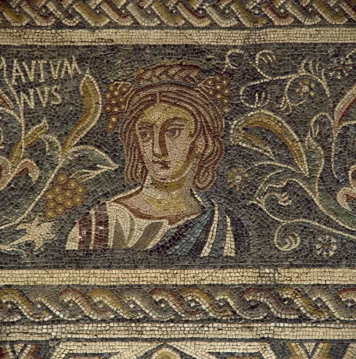 Framed Print : Roman mosaic. Female figure depicting the Autumn. 4th centur Framed Print : Roman mosaic. Female figure depicting the Autumn. 4th centur