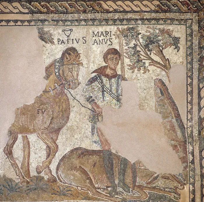 Framed Print : Roman mosaic. Hunter with dead deer. Merida (Augusta Emerita) Framed Print : Roman mosaic. Hunter with dead deer. Merida (Augusta Emerita)