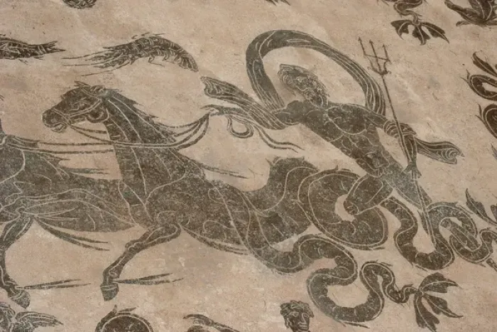 Framed Print : Roman mosaic. Neptune riding a chariot. Ostia Antica. Italy Framed Print : Roman mosaic. Neptune riding a chariot. Ostia Antica. Italy