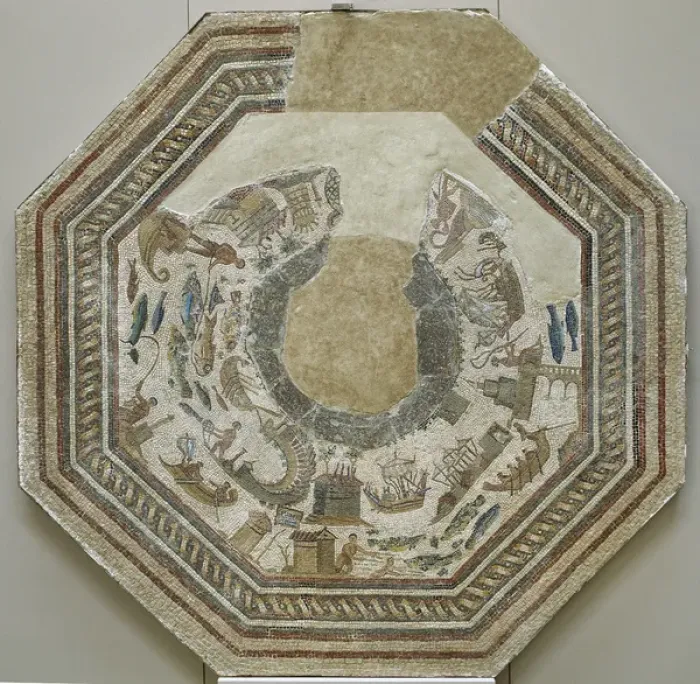 Framed Print : Roman mosaic. Port scenes. 3rd -4th century. From Vega Baja Framed Print : Roman mosaic. Port scenes. 3rd -4th century. From Vega Baja