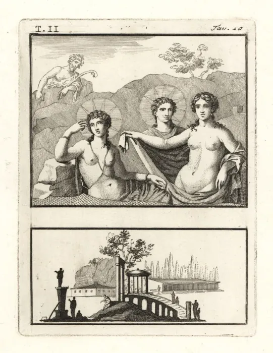 Framed Print : Roman painting depicting two gods and a nymph Framed Print : Roman painting depicting two gods and a nymph