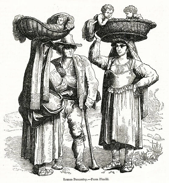 Roman peasants with babies in baskets, Italy