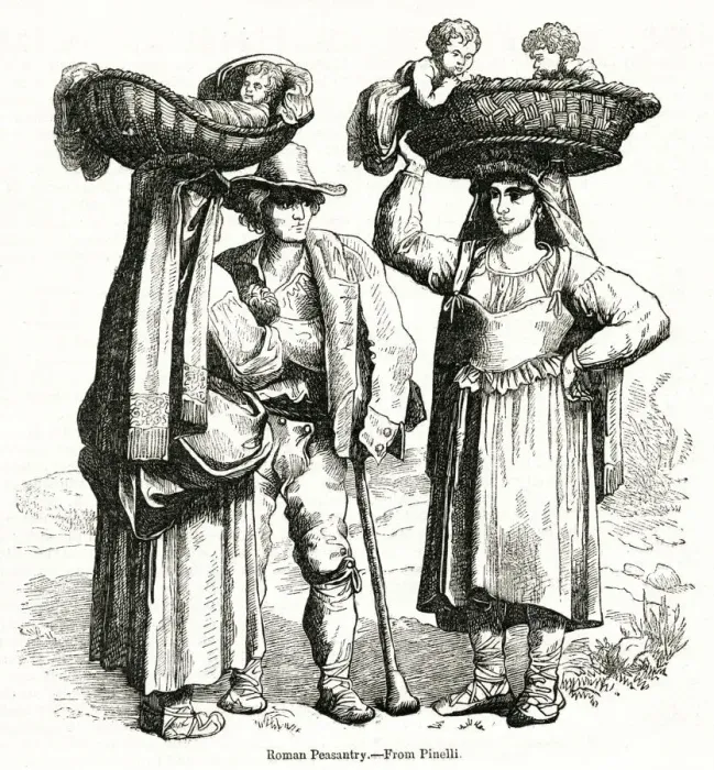 Framed Print : Roman peasants with babies in baskets, Italy Framed Print : Roman peasants with babies in baskets, Italy