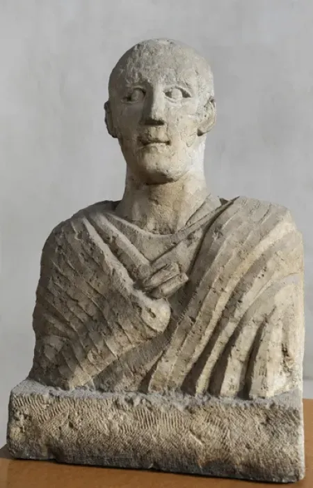 Framed Print : Roman Period. Funerary bust of a man. Limestone. Samaria. Is Framed Print : Roman Period. Funerary bust of a man. Limestone. Samaria. Is