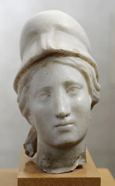 Roman Period. Head of Athena. Marble. From Khirbet el-Mefjer