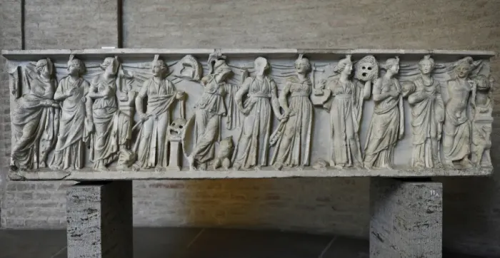 Framed Print : Roman sarcophagus. About 180 AD. Athena, Apollo and the nine Framed Print : Roman sarcophagus. About 180 AD. Athena, Apollo and the nine