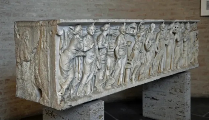 Framed Print : Roman sarcophagus. About 180 AD. Athena, Apollo and the nine Framed Print : Roman sarcophagus. About 180 AD. Athena, Apollo and the nine