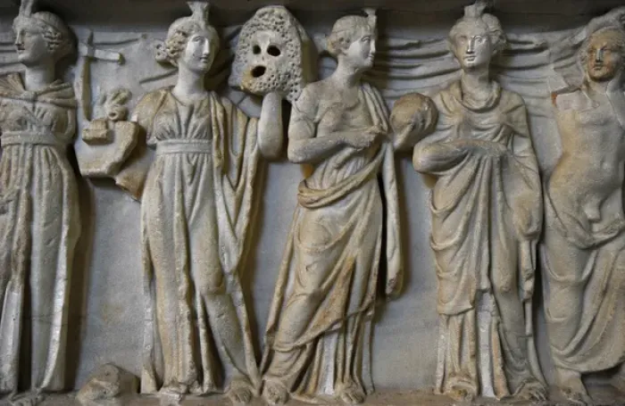 Framed Print : Roman sarcophagus. About 180 AD. Athena, Apollo and the nine Framed Print : Roman sarcophagus. About 180 AD. Athena, Apollo and the nine