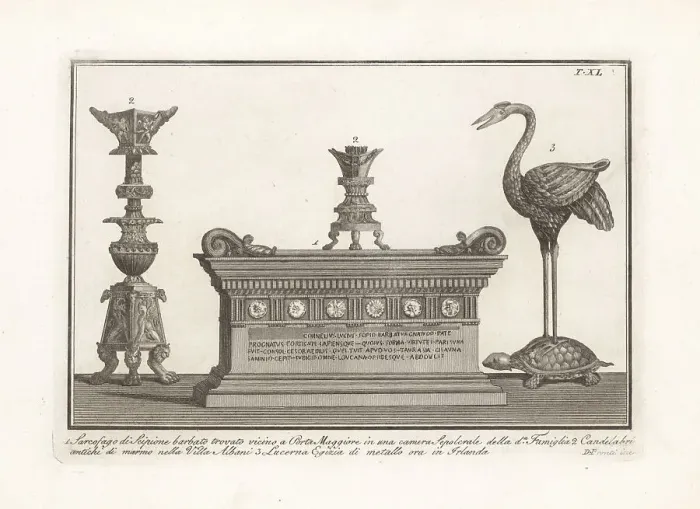 Framed Print : Roman sarcophagus, candelabra and Egyptian oil lamp Framed Print : Roman sarcophagus, candelabra and Egyptian oil lamp