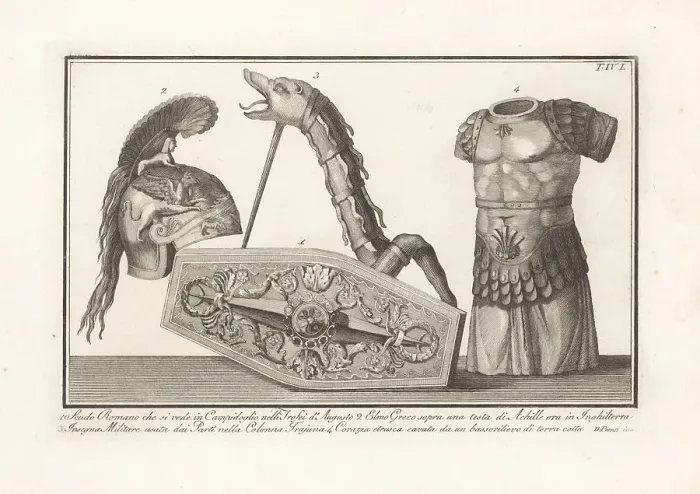 Framed Print : Roman shield and standard, Greek helmet, etc Framed Print : Roman shield and standard, Greek helmet, etc