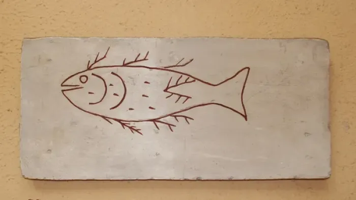 Framed Print : Roman tombstone depicting a fish. Plaster copy. After 4th cn Framed Print : Roman tombstone depicting a fish. Plaster copy. After 4th cn