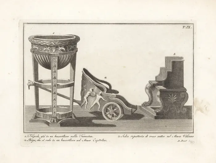 Framed Print : Roman tripod, chariot and repertory chair Framed Print : Roman tripod, chariot and repertory chair