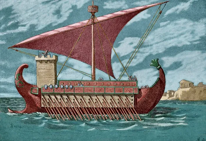 Framed Print : Roman trireme. Engraving. Later colouration Framed Print : Roman trireme. Engraving. Later colouration