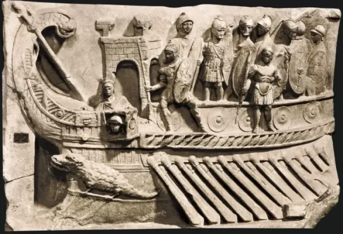 Framed Print : Roman war bireme (1st c. AD). Roman art. Early Framed Print : Roman war bireme (1st c. AD). Roman art. Early