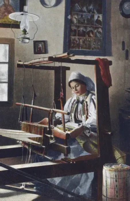 Framed Print : Romanian Woman - making fabric Framed Print : Romanian Woman - making fabric