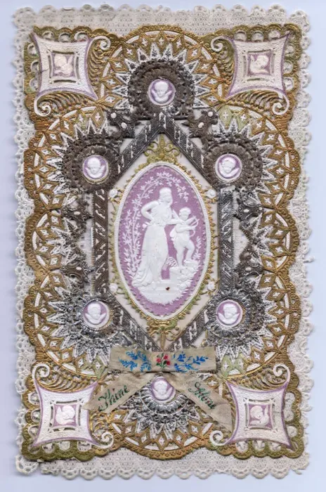 Framed Print : Romantic paper lace card in white, mauve and gold Framed Print : Romantic paper lace card in white, mauve and gold