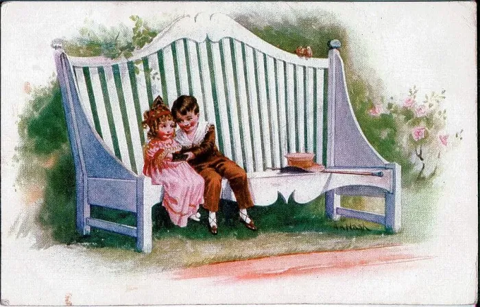 Framed Print : Romantic postcard, Girl and boy on a garden bench Date: early 20th century Framed Print : Romantic postcard, Girl and boy on a garden bench Date: early 20th century