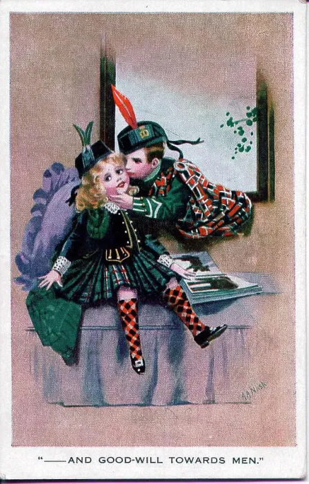 Framed Print : Romantic postcard, Girl and boy in tartan dress - And good-will towards men. Date: early 20th century Framed Print : Romantic postcard, Girl and boy in tartan dress - And good-will towards men. Date: early 20th century