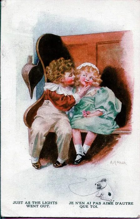 Framed Print : Romantic postcard, Girl and boy on a wooden bench - Just as the lights went out. Date: early 20th century Framed Print : Romantic postcard, Girl and boy on a wooden bench - Just as the lights went out. Date: early 20th century