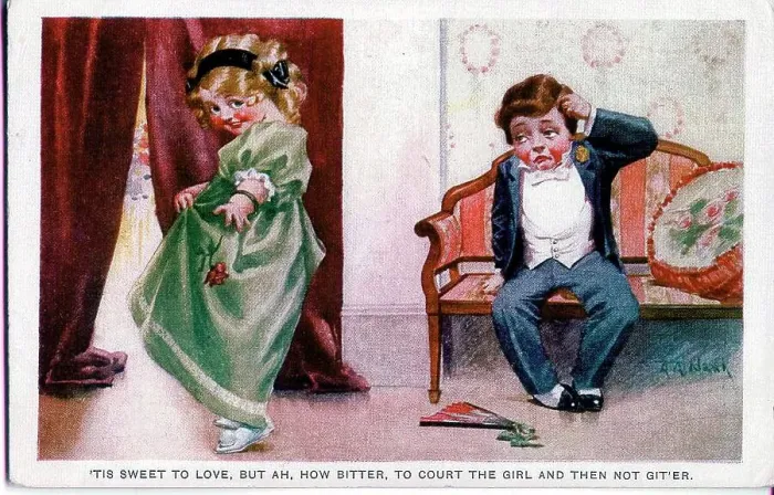 Framed Print : Romantic postcard, Girl rejects boy - Tis sweet to love, but ah, how bitter, to court the girl and then not git'er. Date: early 20th century Framed Print : Romantic postcard, Girl rejects boy - Tis sweet to love, but ah, how bitter, to court the girl and then not git'er. Date: early 20th century