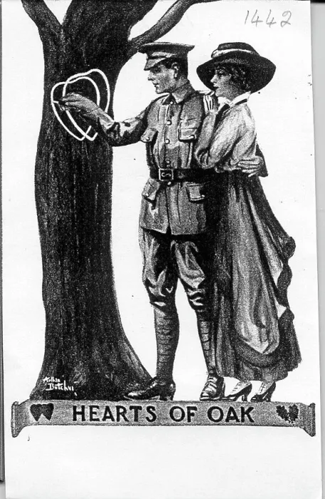 Framed Print : Romantic postcard, Hearts of Oak - soldier and girlfriend. Date: 1914-1918 Framed Print : Romantic postcard, Hearts of Oak - soldier and girlfriend. Date: 1914-1918