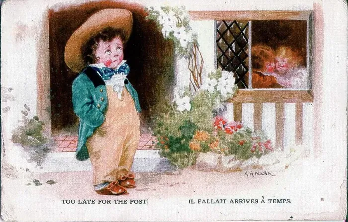 Framed Print : Romantic postcard, Little boy watching couple through window - Too late for the post. Date: early 20th century Framed Print : Romantic postcard, Little boy watching couple through window - Too late for the post. Date: early 20th century
