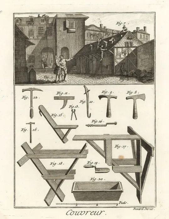 Framed Print : Roofers working on a building, 18th century Framed Print : Roofers working on a building, 18th century
