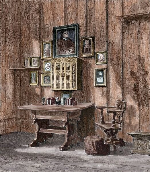 Room of Martin Luther (1483-1546) at Wartburg. Engraving. Co